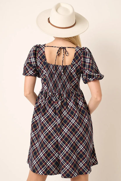 Checkered Print Puff Sleeve Babydoll Mini Dress – outfit idea for women | Ro + Ivy