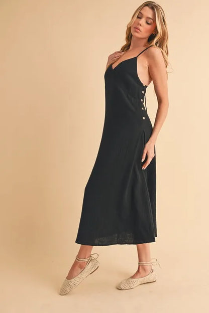 Side Button Cami Midi Dress – outfit idea for women | Ro + Ivy