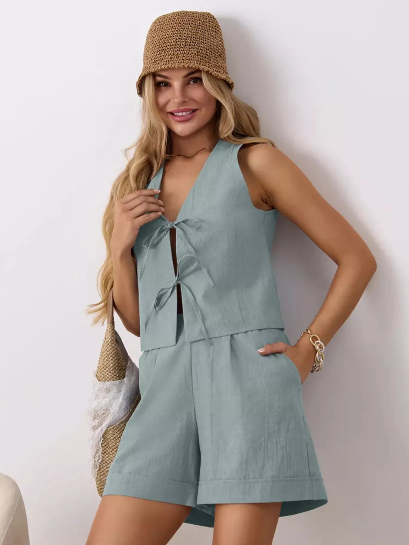 Women's Tie Front Sleeveless Top and Shorts Set - Blue Matching Sets