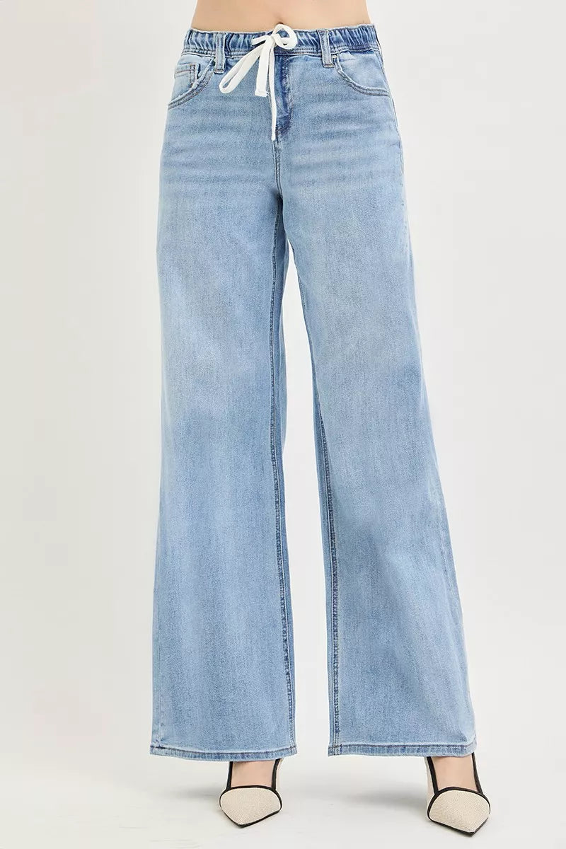 Elastic Waist Drawstring Slouchy Wide Leg Jeans — Relaxed Comfortable Casual Everyday Style - Jeans