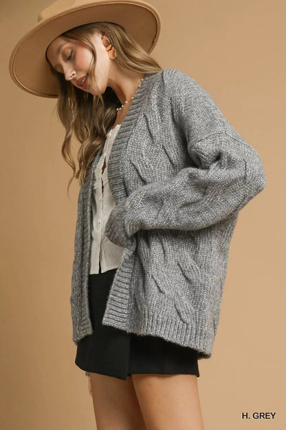 Chunky Cable Knit Long Sleeve Open Front Cardigan in Gray | Trendy Cardigans Outfit Idea for Women by Ro + Ivy | Elevated Basics, Modern Comfort & Style