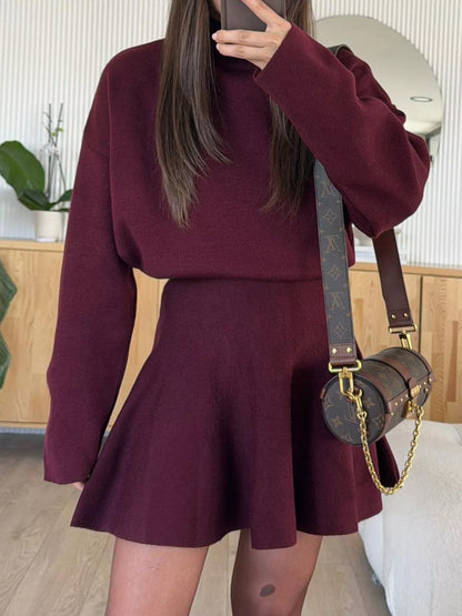 Women's Round Neck Long Sleeve Mini Sweater Dress - Burgundy Sweater Dresses