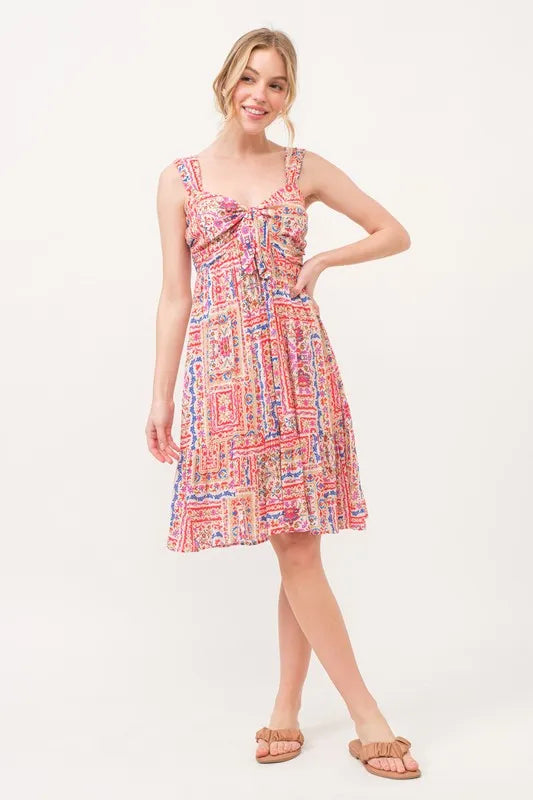 Tied Front Smocked Back Tiered Boho Mini Dress – outfit idea for women | Ro + Ivy