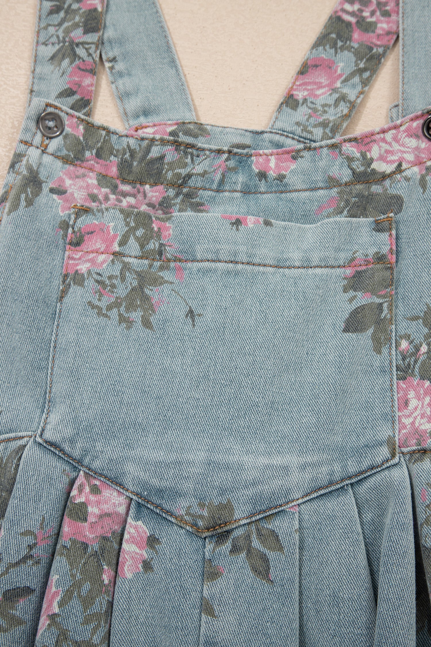 Floral Print Denim Wide Leg Adjustable Strap Jumpsuit — Boho Effortless Everyday Style - Jumpsuits & Rompers