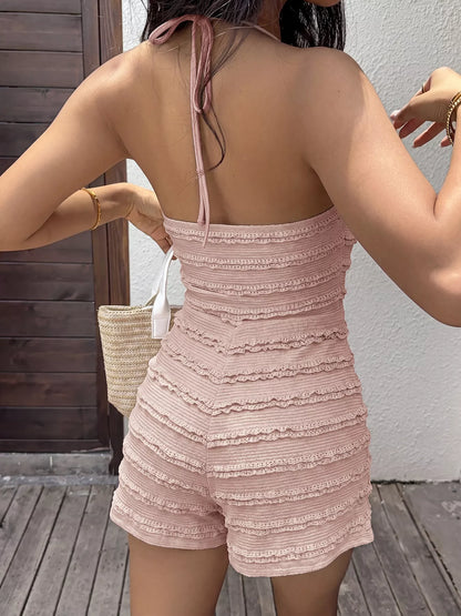 Women's Halter Neck Textured Romper - Rompers