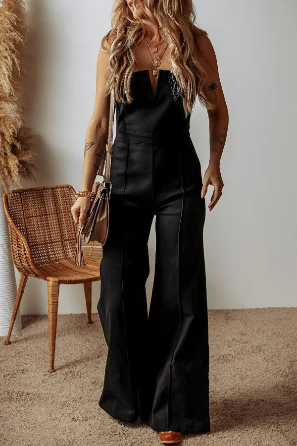 Spaghetti Straps Flare Denim Jumpsuit - Jumpsuits