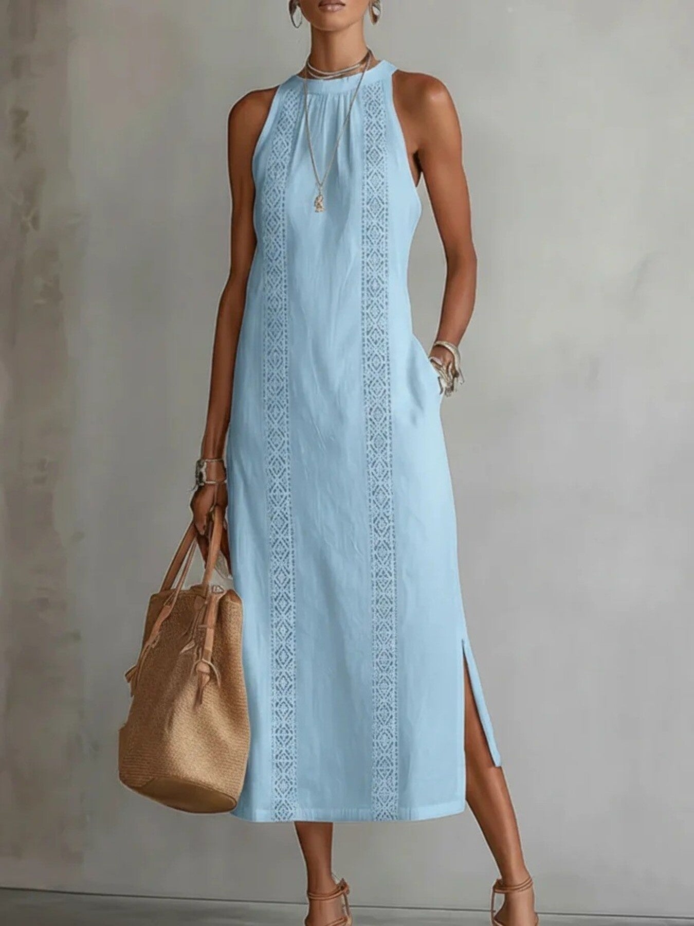 Women's Side Slit Sleeveless Hollow Out Trimmed Midi Dress - Light Blue Midi Dresses