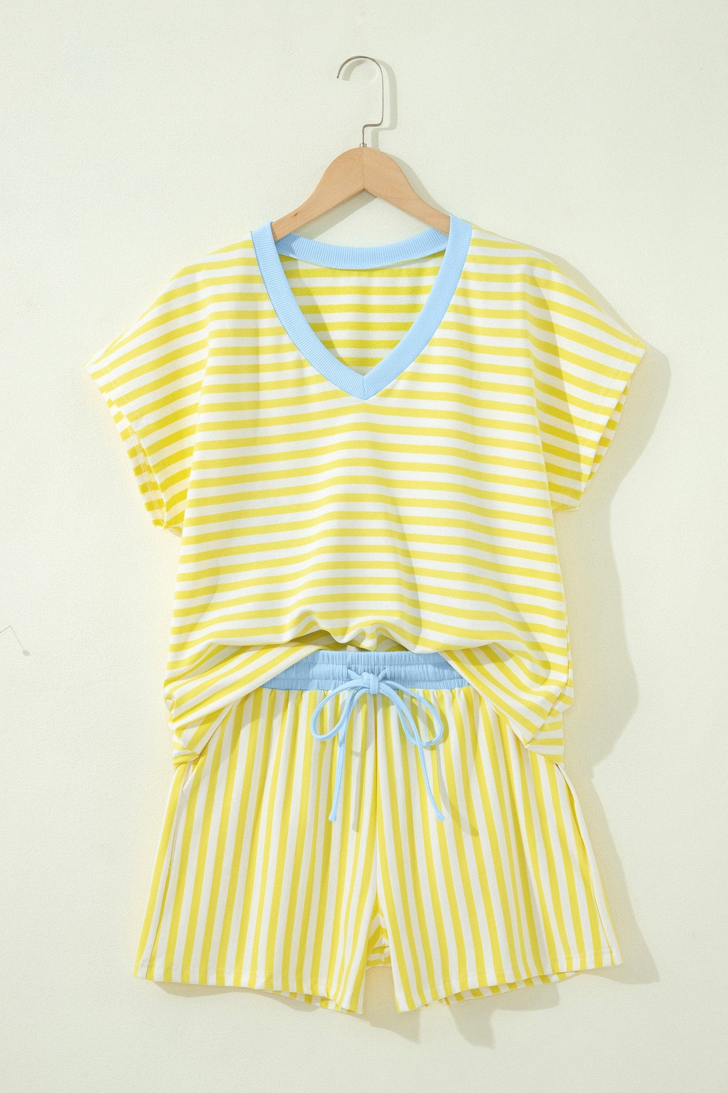 Striped Colorblock V-Neck Tee & Drawstring Shorts Two-Piece Set — Laid-Back Casual Style - Two Piece Sets/Short Sets