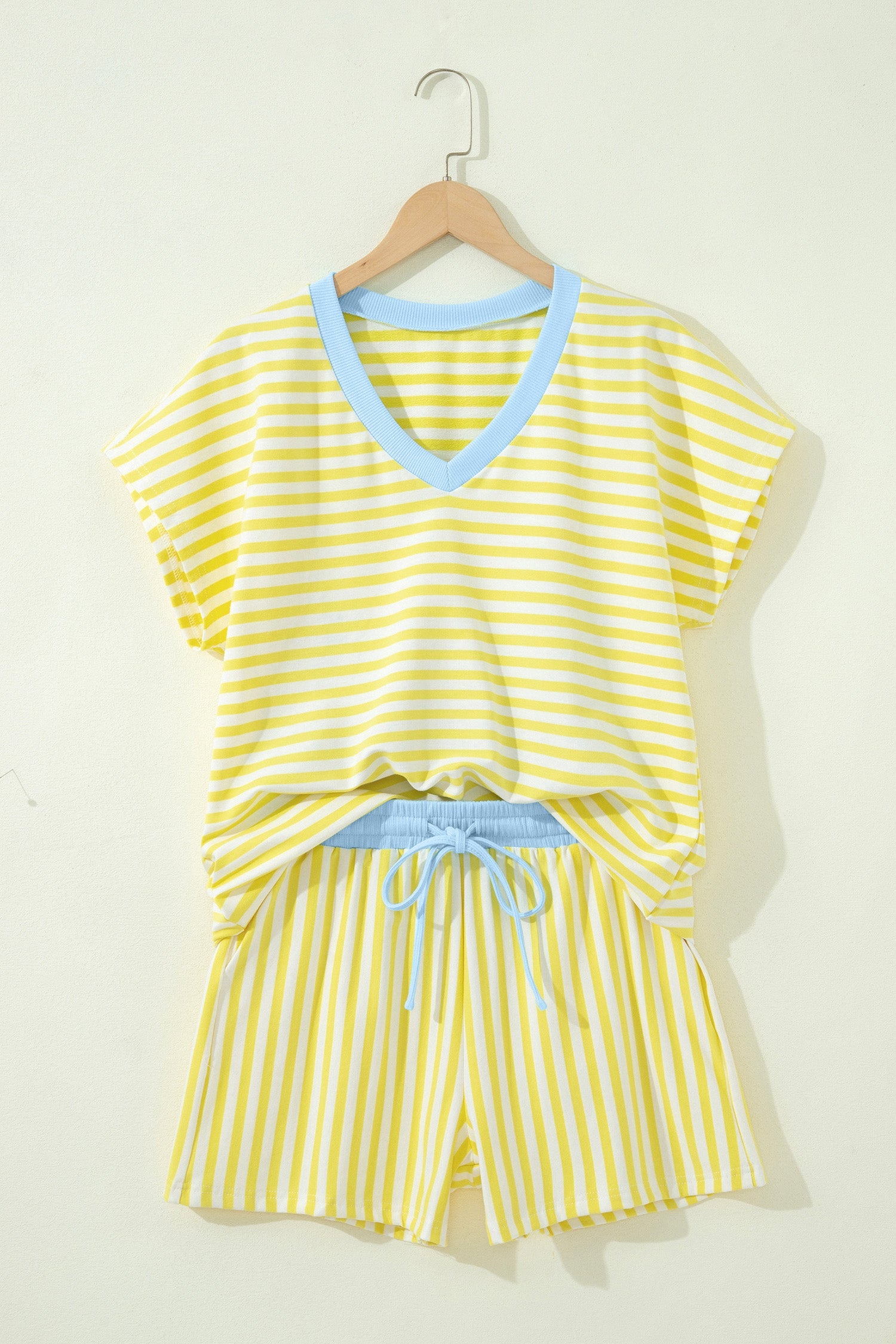 Striped Colorblock V-Neck Tee & Drawstring Shorts Two-Piece Set — Laid-Back Casual Style - Two Piece Sets/Short Sets