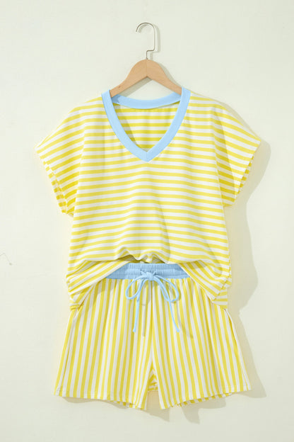 Striped Colorblock V-Neck Tee & Drawstring Shorts Two-Piece Set — Laid-Back Casual Style - Two Piece Sets/Short Sets