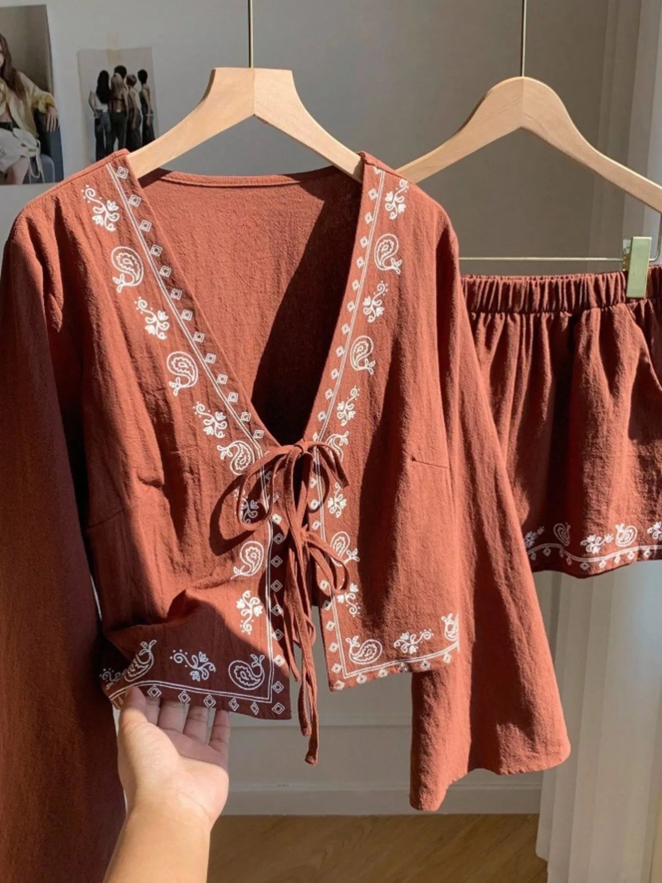 Women's Embroidered Tie Front Top and Shorts Set - Brown Matching Sets