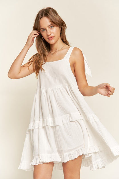 Square Neck Tiered Ruffle Bow Ties Mini Dress – outfit idea for women | Ro + Ivy