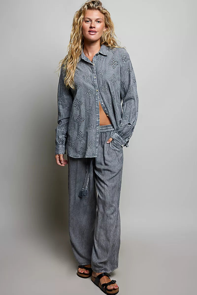 Women's Tassel Drawstring Embroidered Wide Leg Pants - Pants