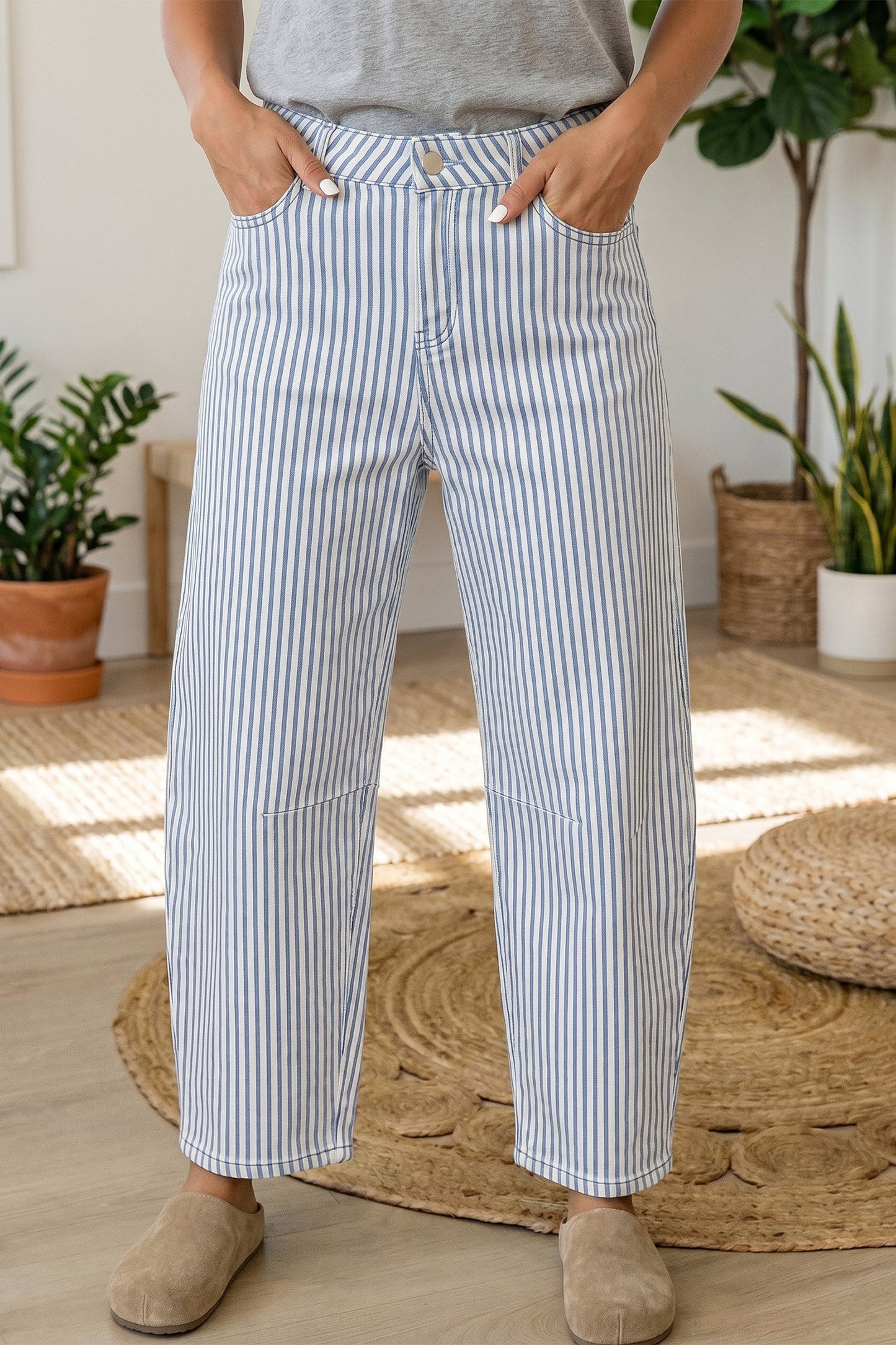 Trendy Striped Casual Barrel Fit Jeans — Bold Modern Everyday Style - Sky Blue Stripe Jeans