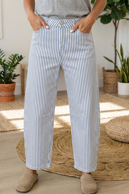 Trendy Striped Casual Barrel Fit Jeans — Bold Modern Everyday Style - Sky Blue Stripe Jeans
