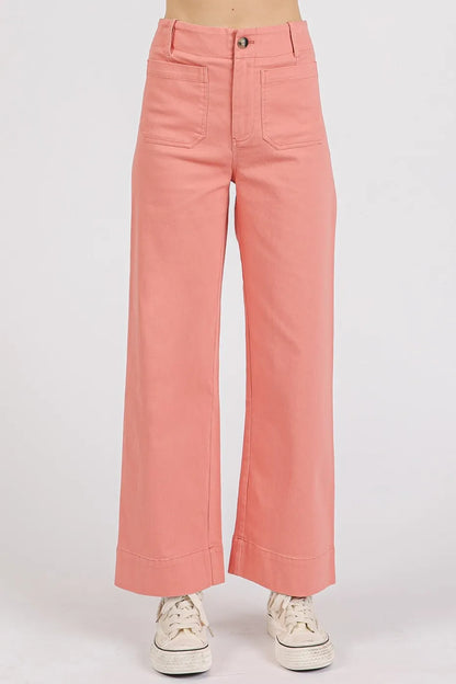 Twill Patch Pocket High Rise Wide Leg Pants – CORAL PINK outfit idea for women | Ro + Ivy
