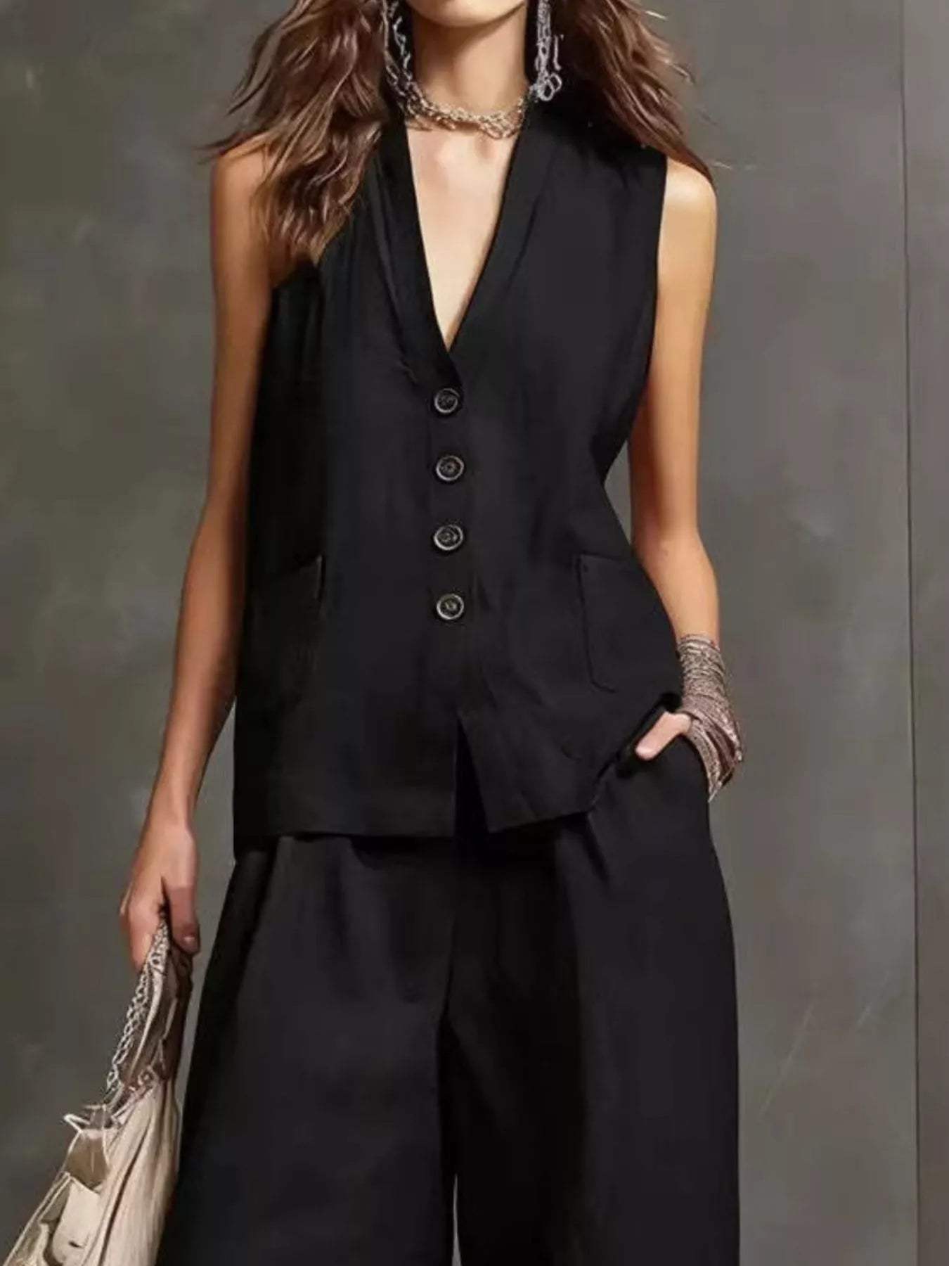 Women's Flowy Sleeveless Vest and Wide Leg Pants Set - Matching Sets