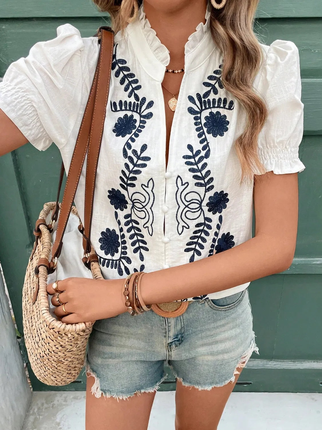 Embroidered Frill Notched Short Puff Sleeve Blouse - Blouses