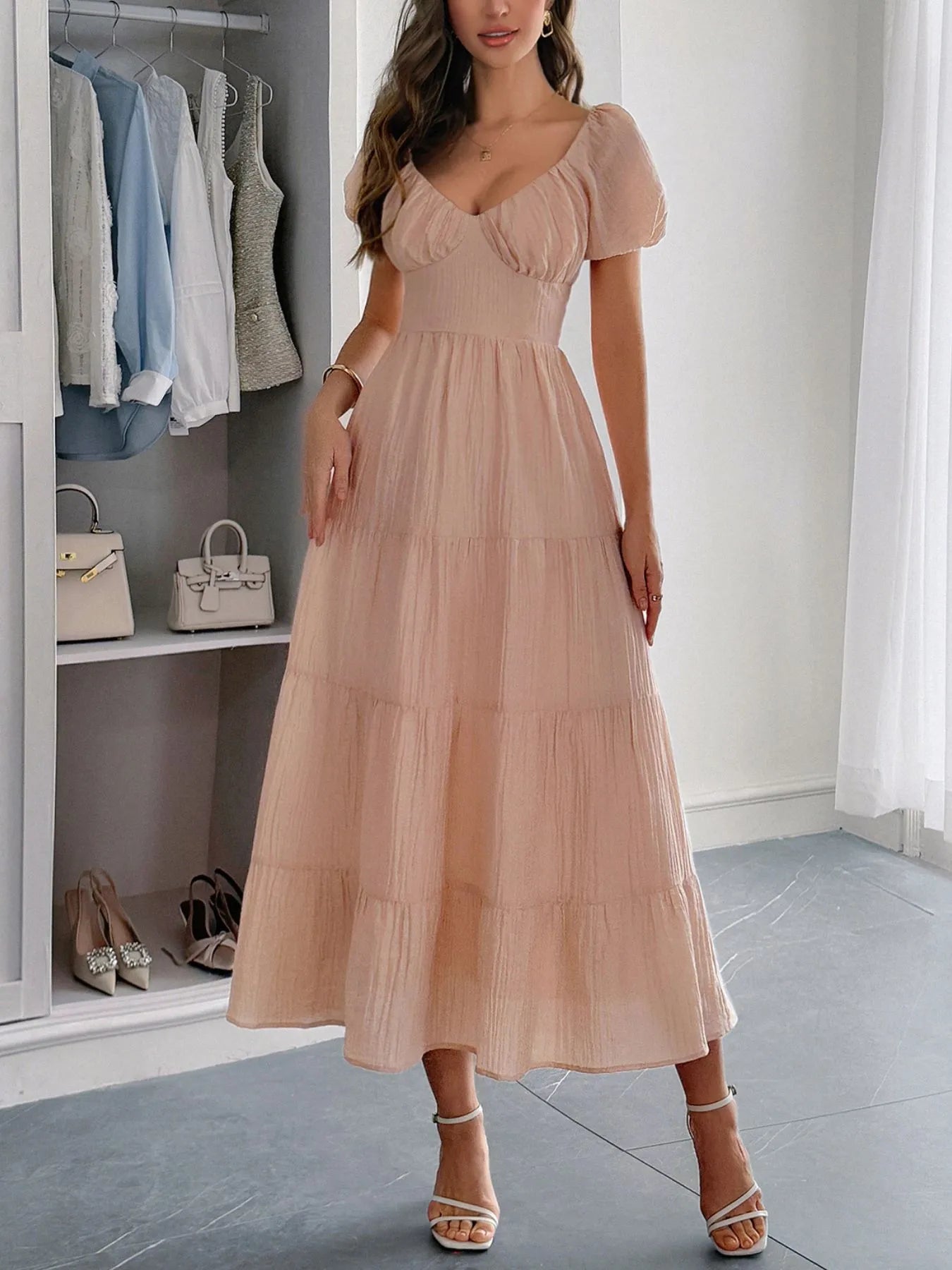 Scoop Neck Backless Tiered Puff Sleeve Midi Dress - Mini Dresses
