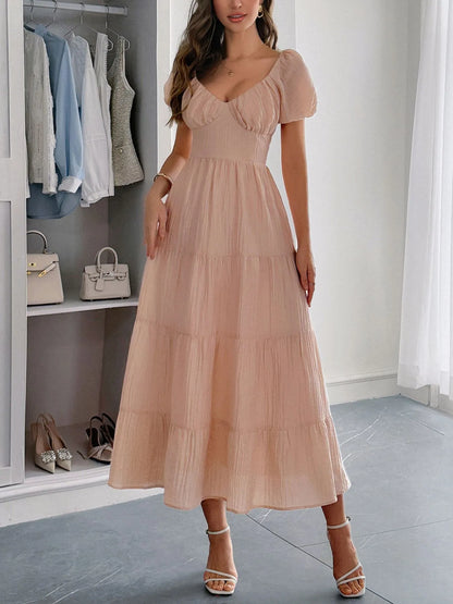 Scoop Neck Backless Tiered Puff Sleeve Midi Dress - Mini Dresses