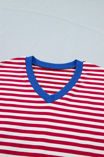 Striped V-Neck Contrast Trim Tee & Matching Shorts Two-Piece Set — Cute Casual Style - Short Sets