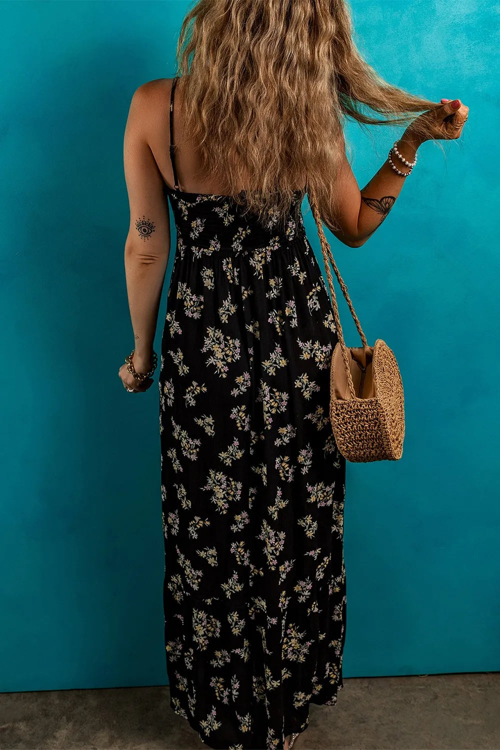Floral Spaghetti Strap Shirred Bodice Tied Empire Waist Maxi Dress - Maxi Dresses