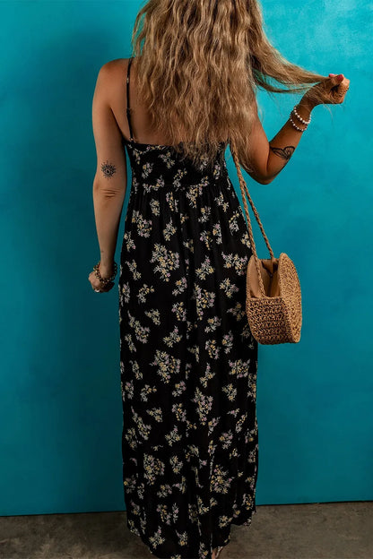 Floral Spaghetti Strap Shirred Bodice Tied Empire Waist Maxi Dress - Maxi Dresses