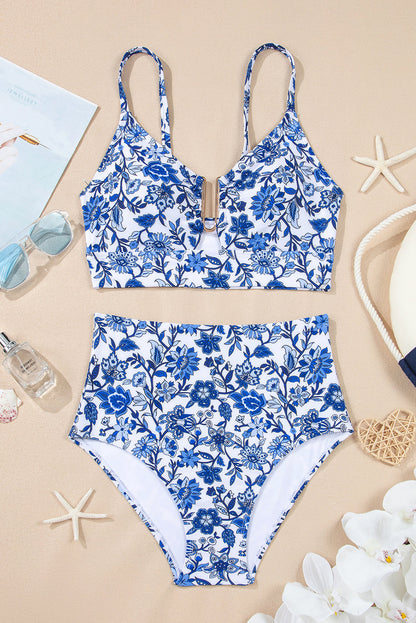Swimwear High-Waisted Two-Piece Bikini Floral Print Keyhole — Chic Beach Style - Swimwear/Bikinis