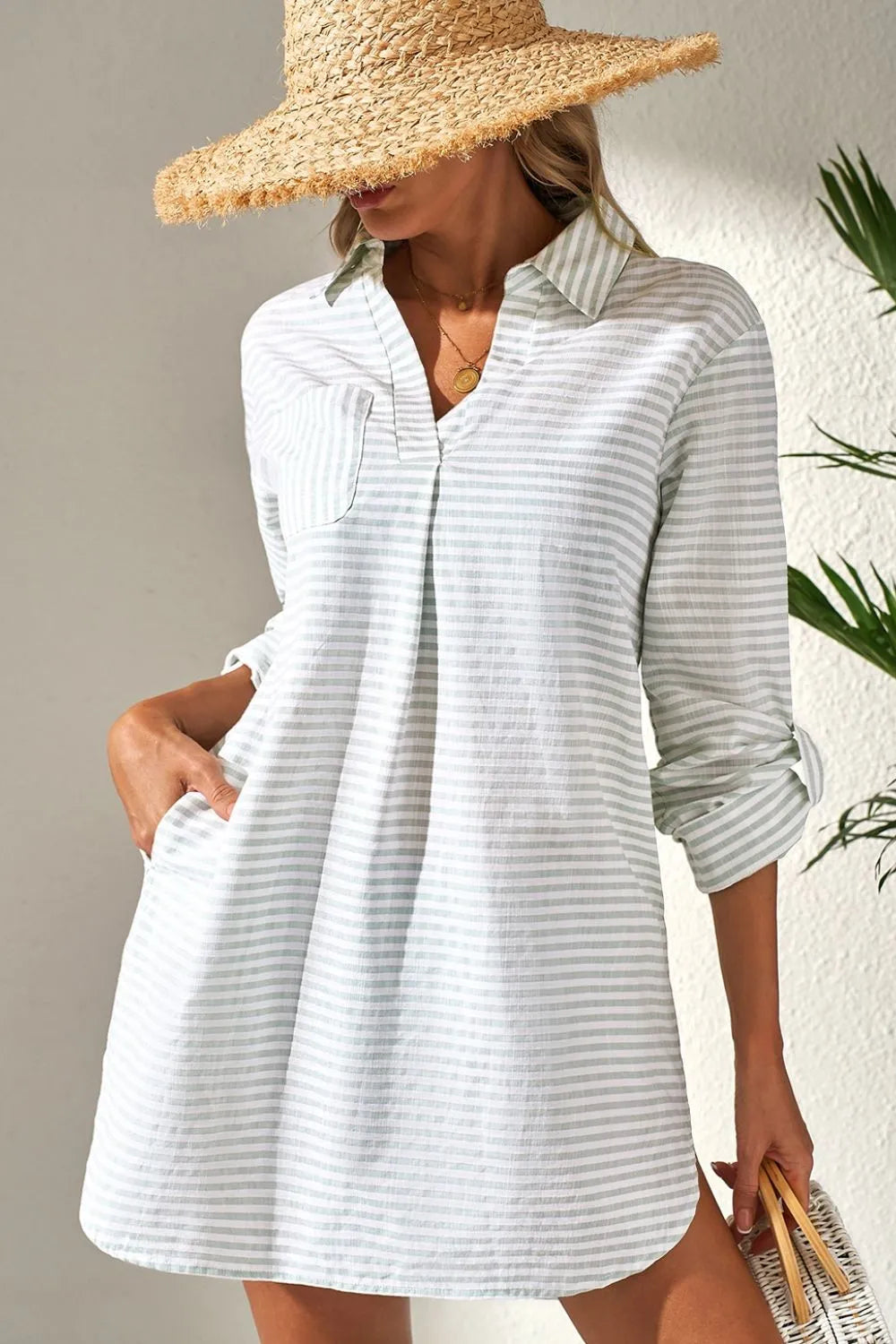 Striped Johnny Collar Long Sleeve Mini Shirt Dress - Stripe Mini Dresses