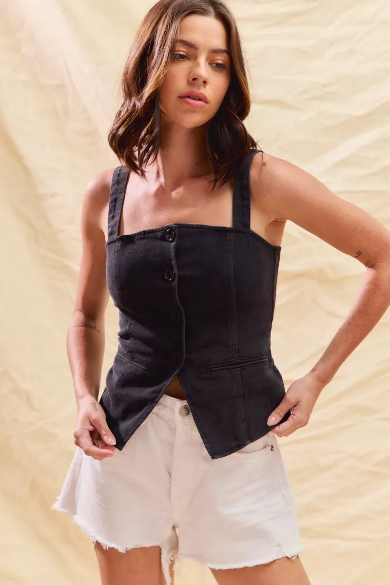 Button Down Sleeveless Game Day Fitted Denim Top - Tops