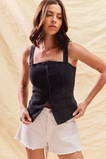 Button Down Sleeveless Game Day Fitted Denim Top - Tops