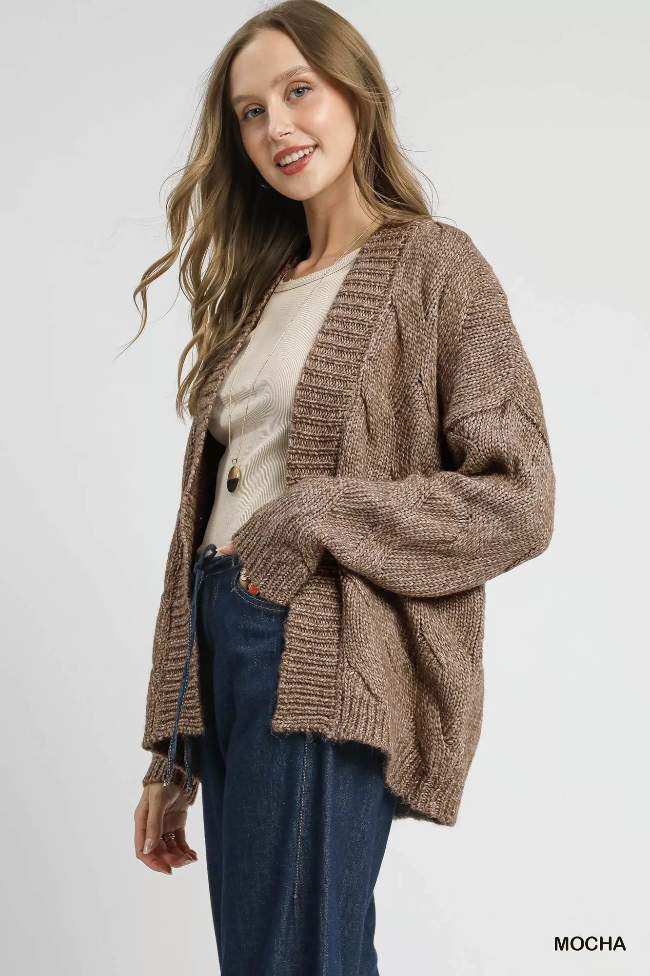 Chunky Cable Knit Long Sleeve Open Front Cardigan in Mocha | Trendy Cardigans Outfit Idea for Women by Ro + Ivy | Elevated Basics, Modern Comfort & Style