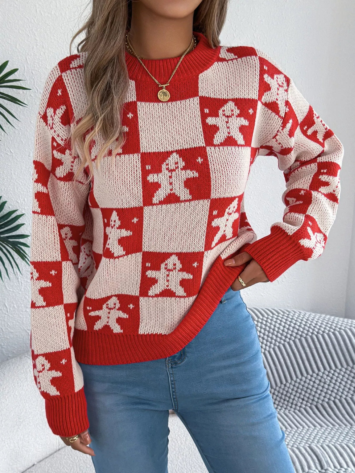 Christmas Checkerboard Gingerbread Print Round Neck Sweater
