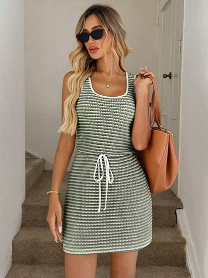 Women's Flowy Striped Knit Mini Dress with Drawstring - Mini Dresses