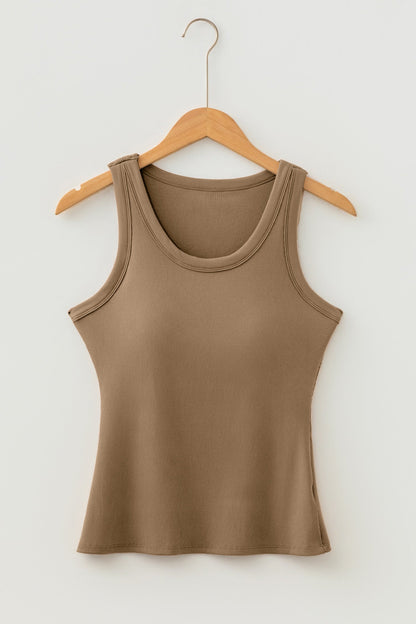 Solid Ribbed Knit Padded Tank Top