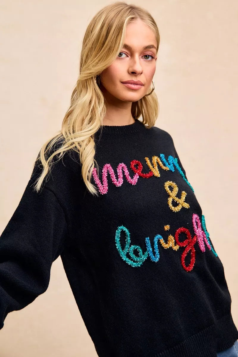 "Merry & Bright" Lettering Christmas Sweater | Trendy Sweaters Outfit Idea for Women by Ro + Ivy | Elevated Basics, Modern Comfort & Style