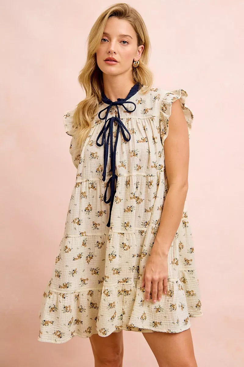 Women's Floral Tiered Ruffle Front Tie Mini Dress - Mini Dresses