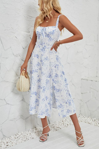 Women's Floral Print Cami Midi Dress with Side Slit - Blue Flowers On White Background Midi Dresses