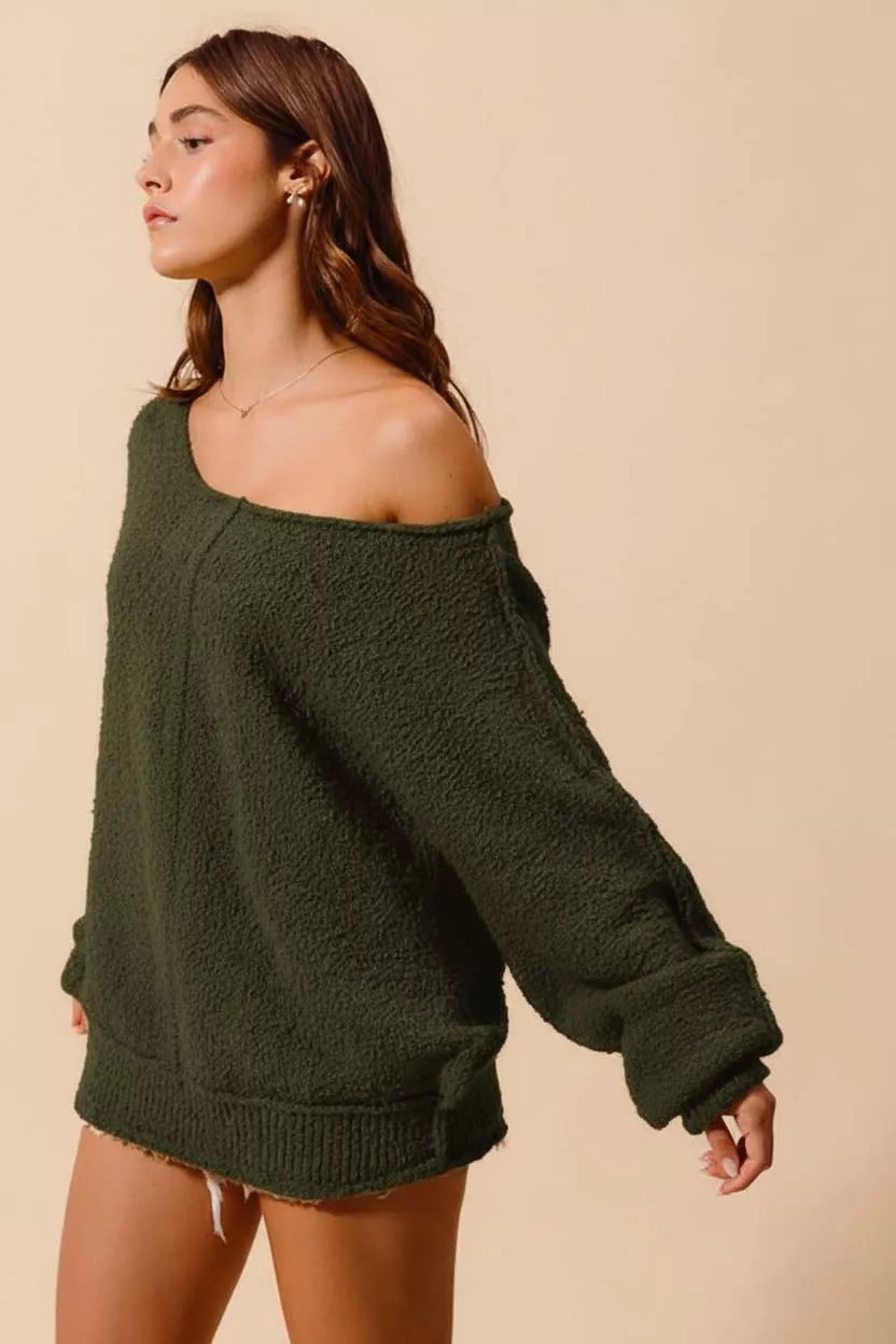 Boucle Loose Fit Sweater with Exposed Seam in Olive | Trendy Sweaters Outfit Idea for Women by Ro + Ivy | Elevated Basics, Modern Comfort & Style