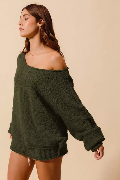 Boucle Loose Fit Sweater with Exposed Seam in Olive | Trendy Sweaters Outfit Idea for Women by Ro + Ivy | Elevated Basics, Modern Comfort & Style