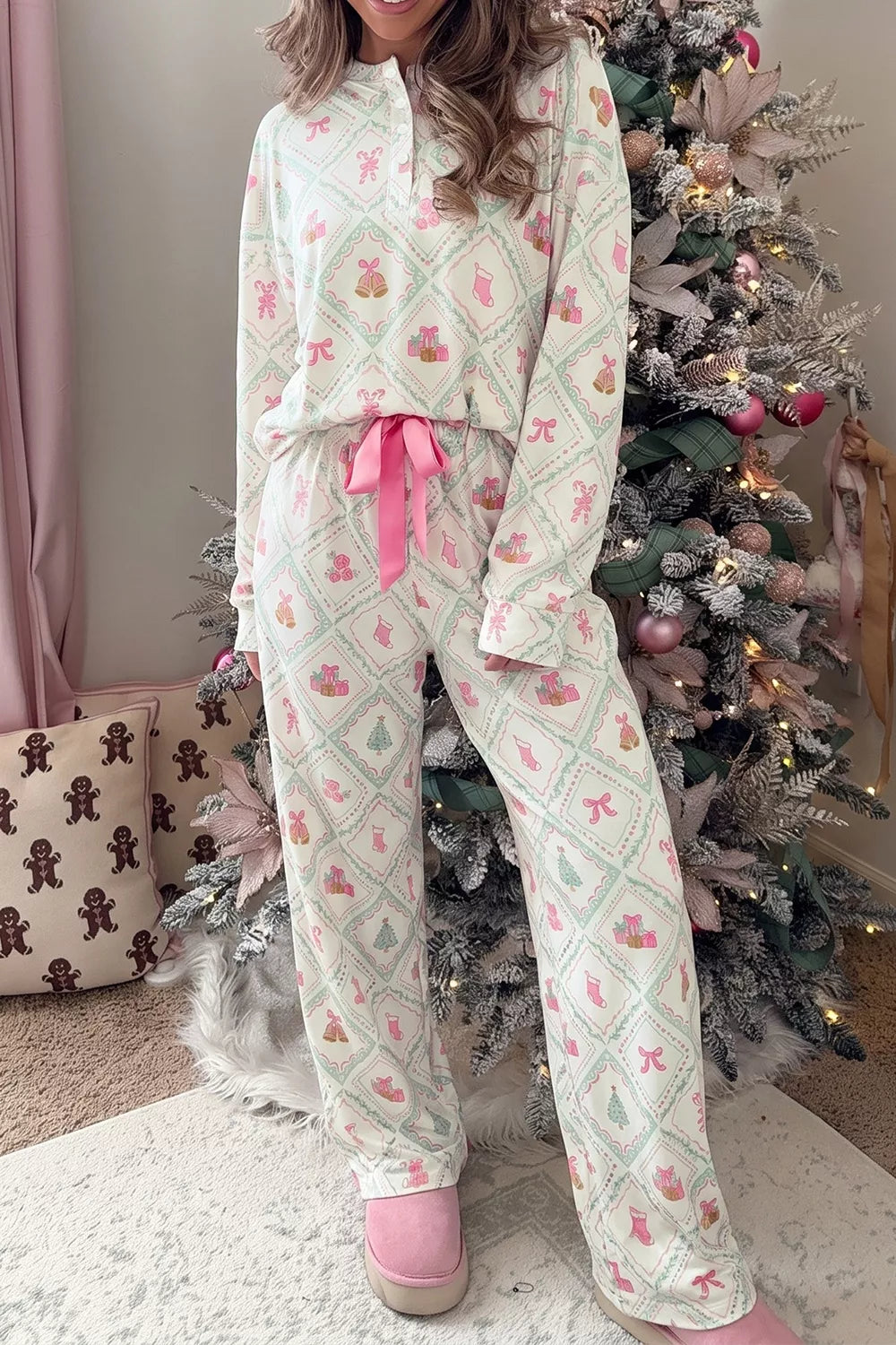 Christmas Patchwork Lounge Set with Button-Front Long-Sleeve Top and Drawstring Pants White