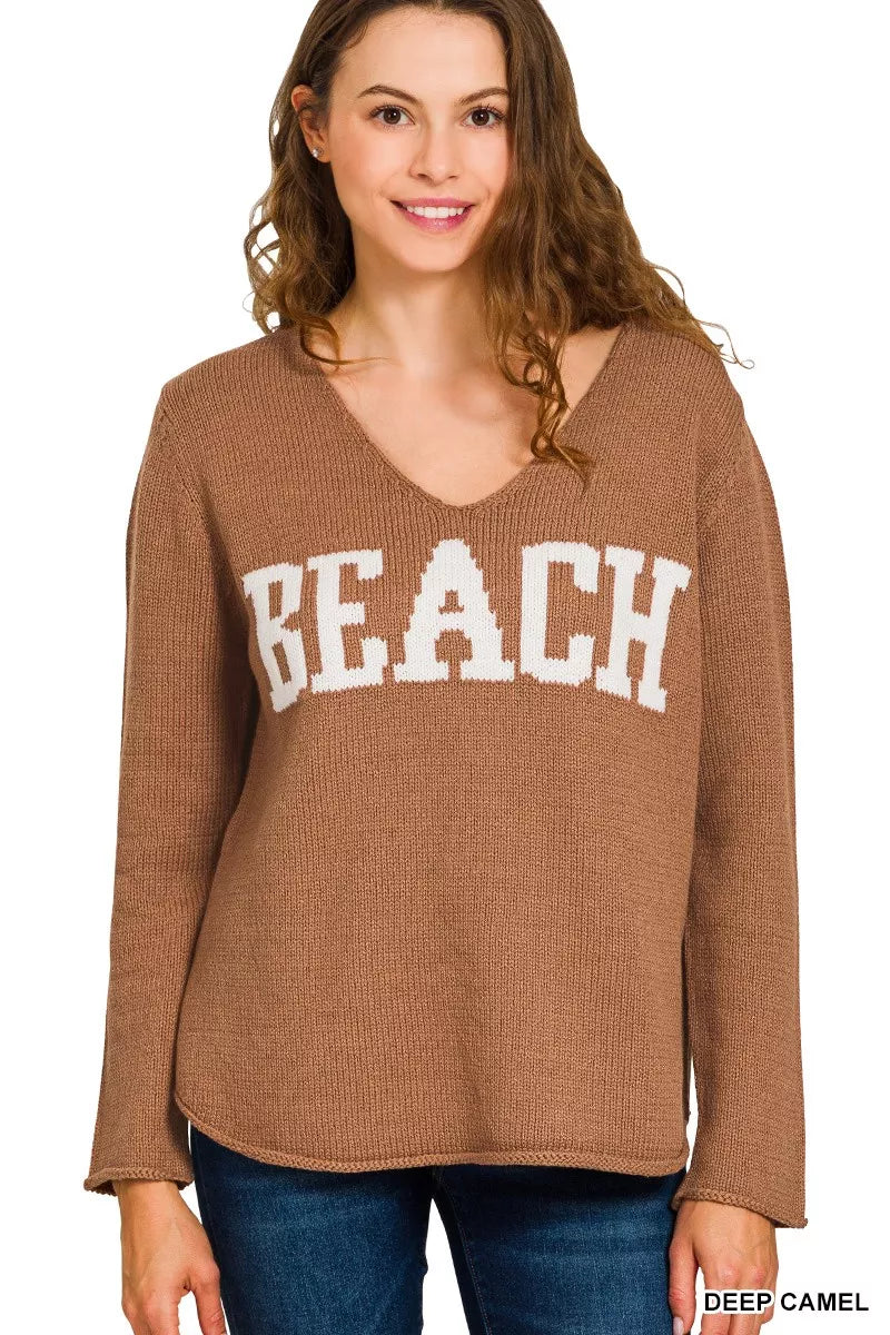 DEEP CAMEL Beach V Neck Long Sleeve Sweater in Deep Camel | Trendy Sweaters Outfit Idea for Women by Ro + Ivy | Elevated Basics, Modern Comfort & Style