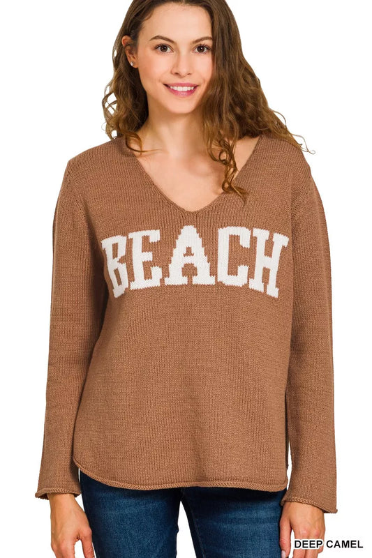 DEEP CAMEL Beach V Neck Long Sleeve Sweater in Deep Camel | Trendy Sweaters Outfit Idea for Women by Ro + Ivy | Elevated Basics, Modern Comfort & Style