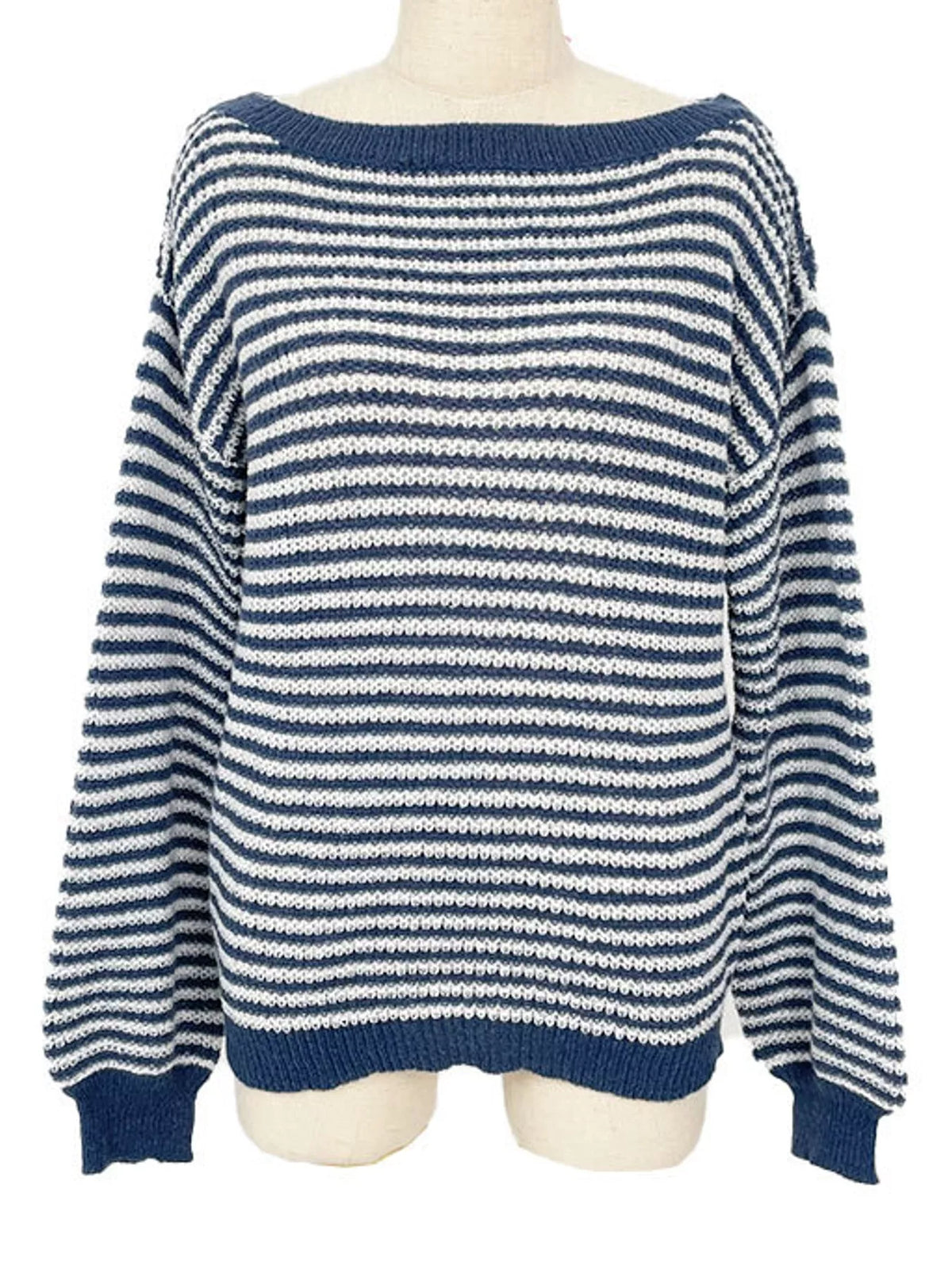 Oversized Striped Ribbed Knit Sweater with Boat Neck
