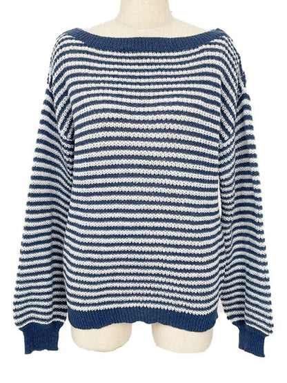 Oversized Striped Ribbed Knit Sweater with Boat Neck