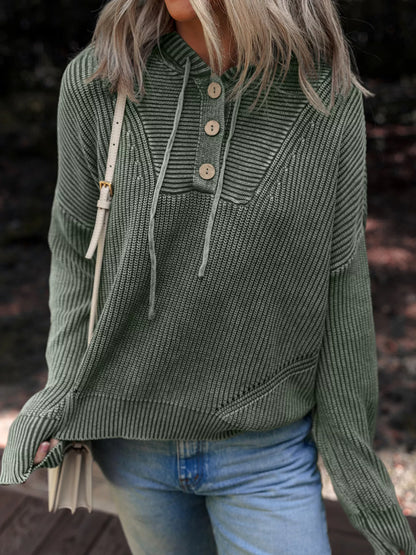 Women's Mineral Wash Ribbed Knit Hooded Sweater - Pullover Hoodies