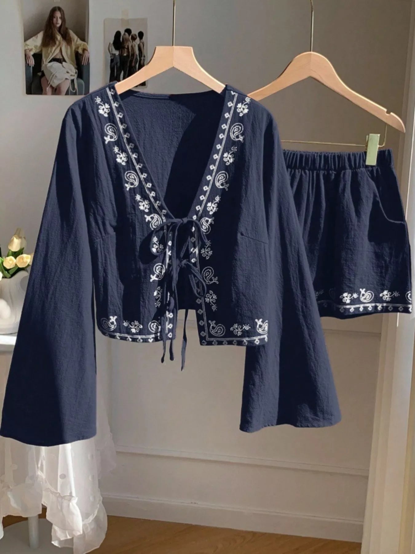 Women's Embroidered Tie Front Top and Shorts Set - Matching Sets