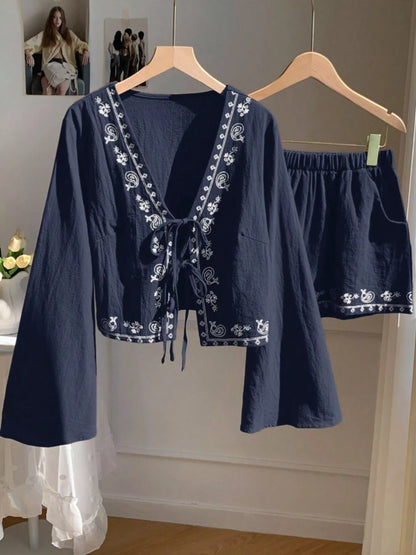 Women's Embroidered Tie Front Top and Shorts Set - Matching Sets