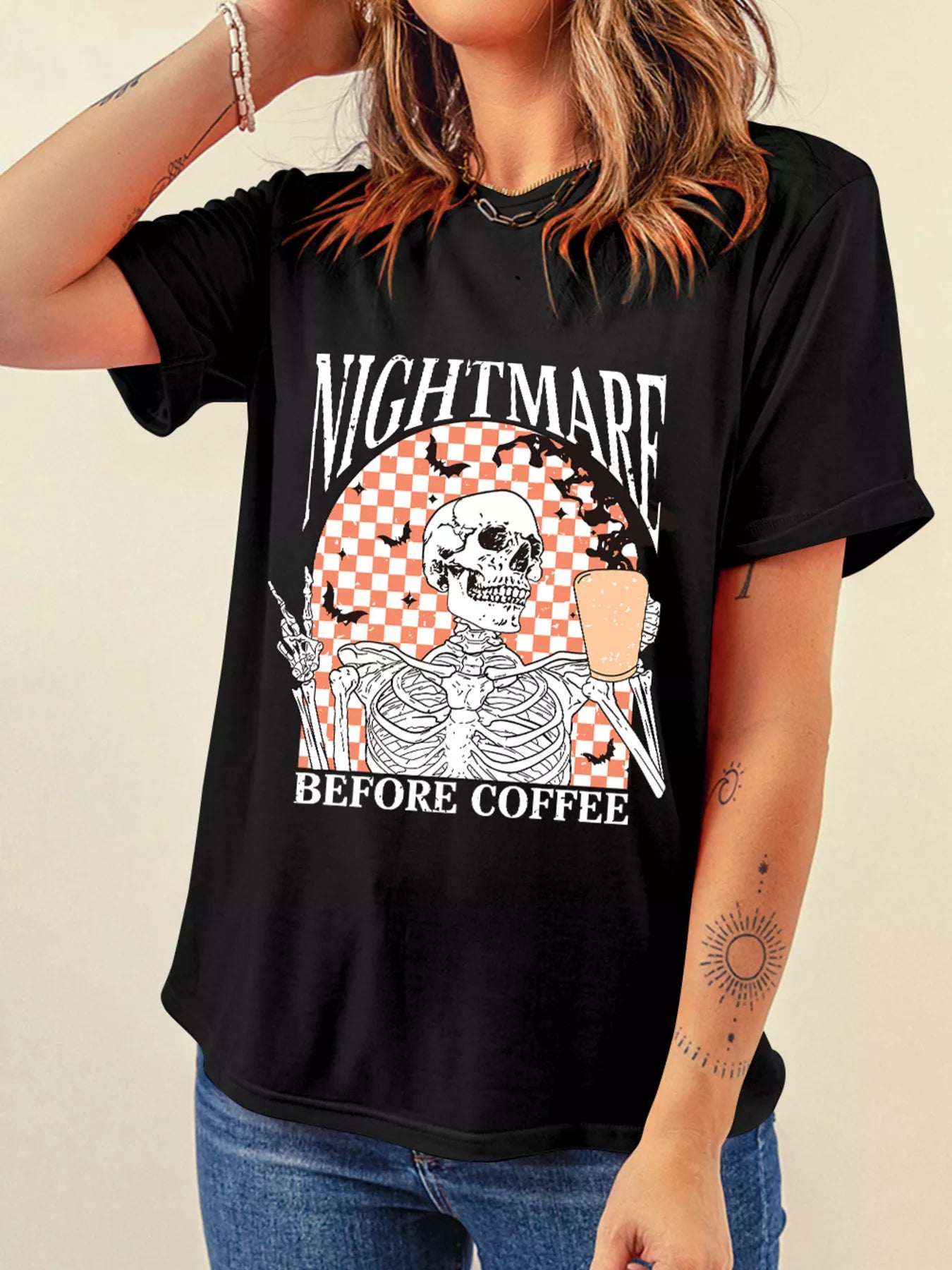 Halloween Nightmare Skeleton Checkerboard T-Shirt Black
