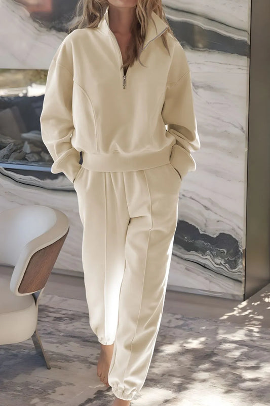 Women's Half Zip Long Sleeve Top and Joggers Set Beige